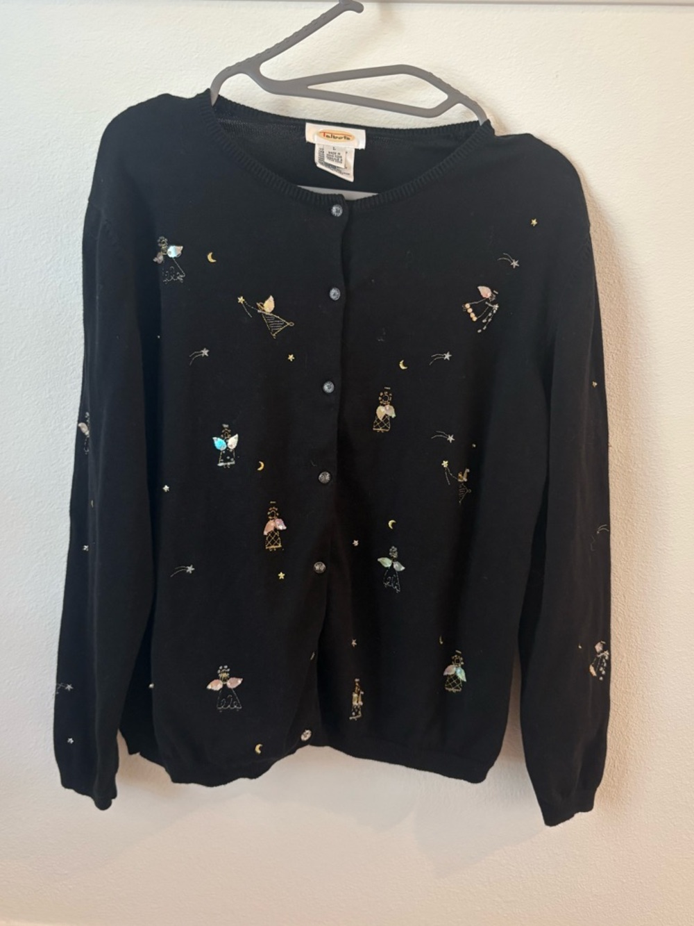 Talbots Whimsical Black Embellished Cardigan with Tiny Angel Motifs
